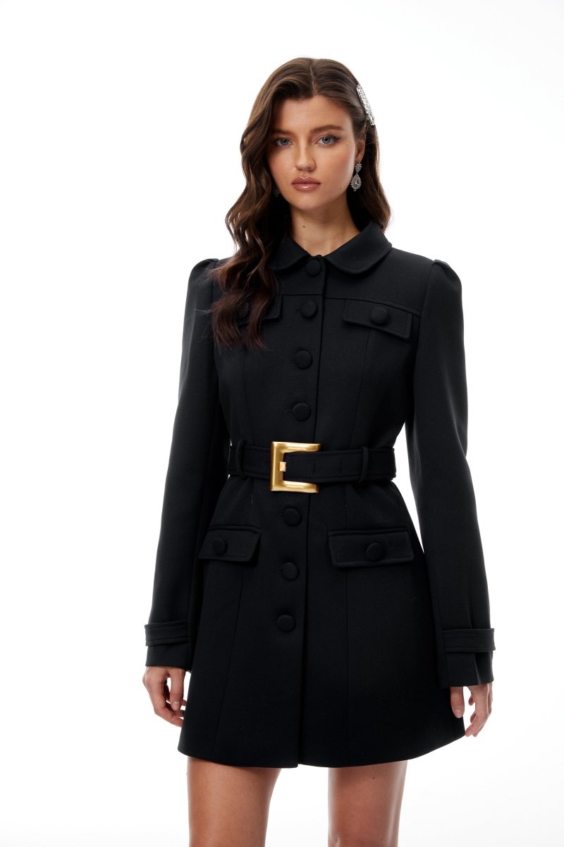 Siyah Kemerli Mini Blazer Elbise - Phentora