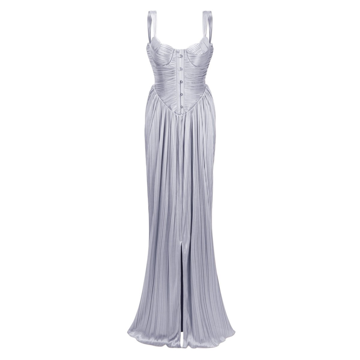 Gümüş Tonlu Parlak Dokulu Pileli Korse Uzun Elbise - Phentora