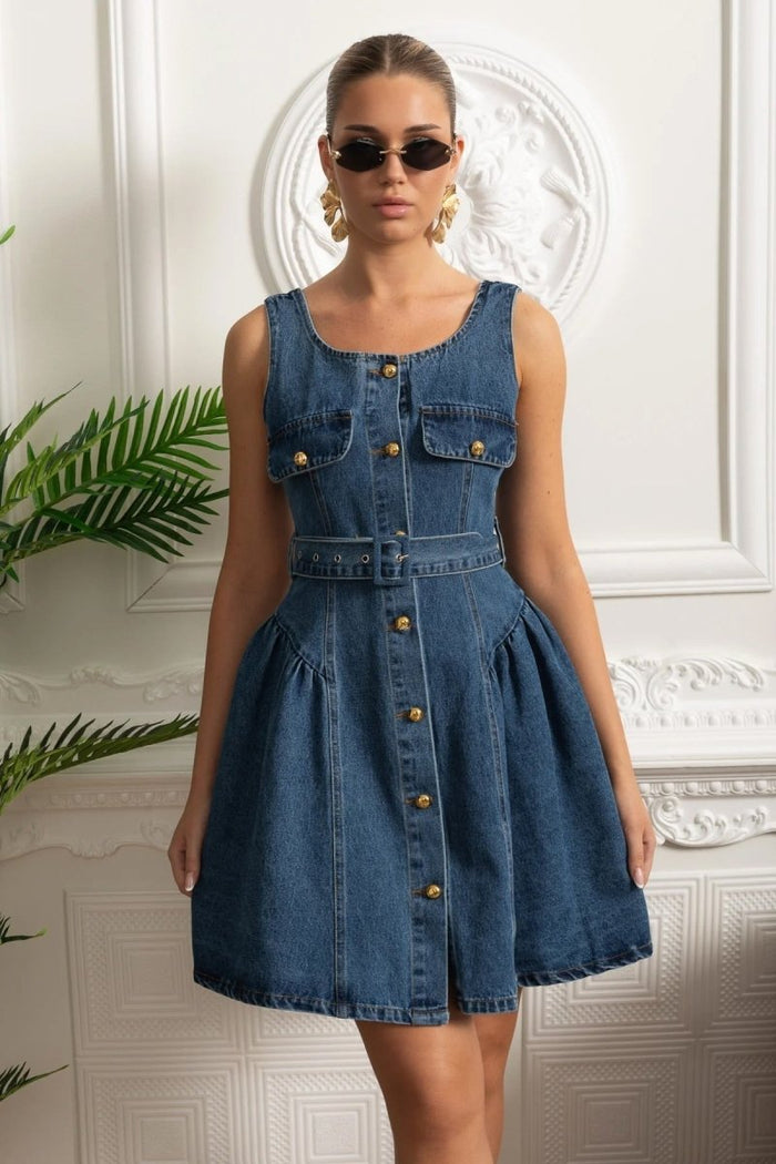 Denim Önden Düğmeli Mini Elbise - Mavi - Phentora
