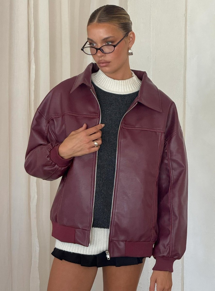 Goldsmith Suni Deri Bomber Ceket - Bordo - Phentora