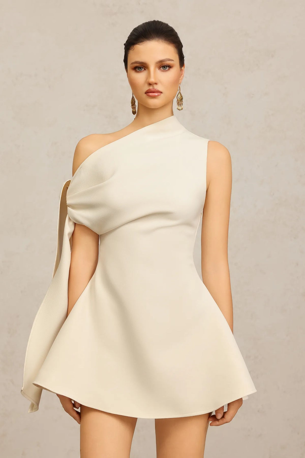Calwa Asimetrik One Shoulder İspanyol Paça Mini Elbise