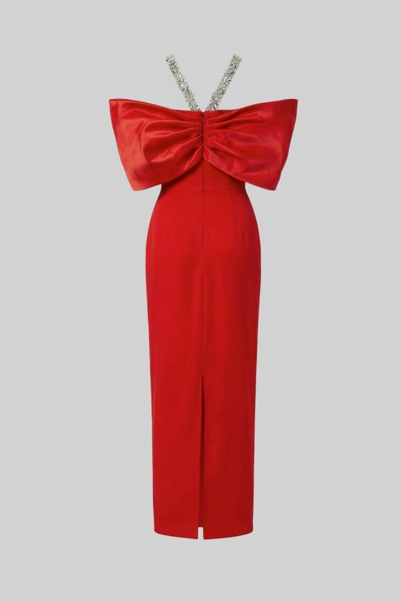 Kristal Askılı Fiyonklu Boyunlu Maksi Elbise - Phentora