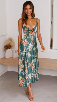 Dreamers Midi Elbise - Yeşil Çiçek Desenli