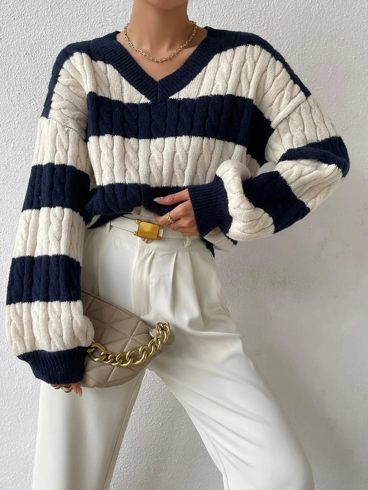 Varsity Çizgili Örgü Triko Kazak - Phentora