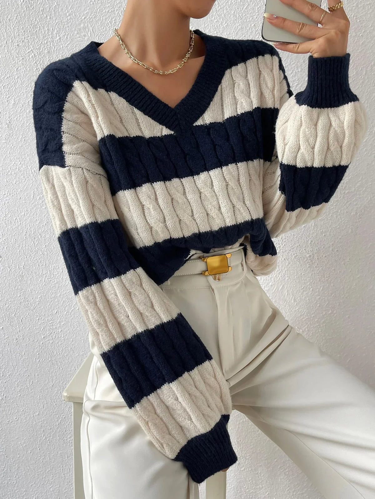 Varsity Çizgili Örgü Triko Kazak - Phentora