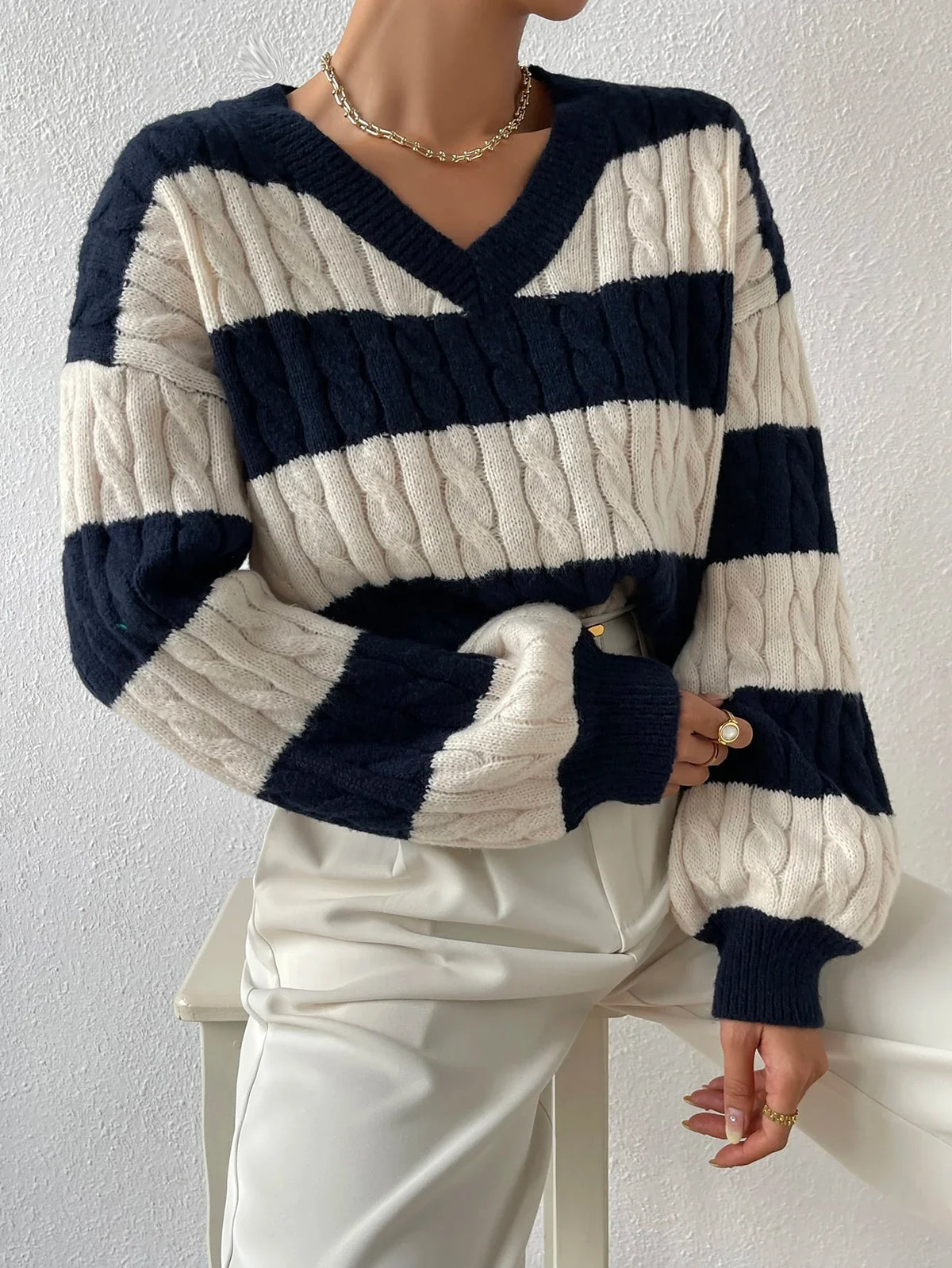 Varsity Çizgili Örgü Triko Kazak - Phentora