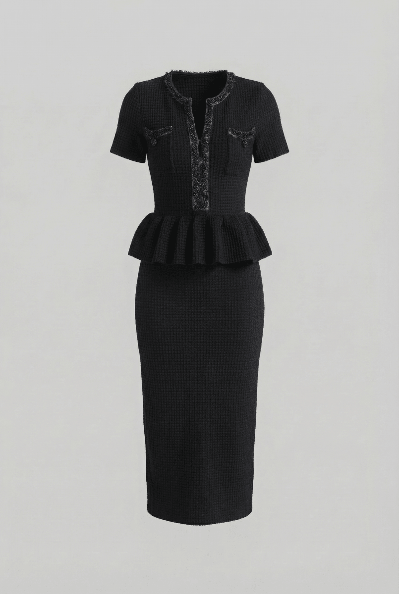 Peplum Bel Detaylı Dokulu Örgü Midi Elbise - Phentora