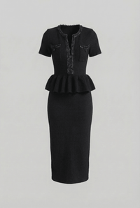 Peplum Bel Detaylı Dokulu Örgü Midi Elbise - Phentora