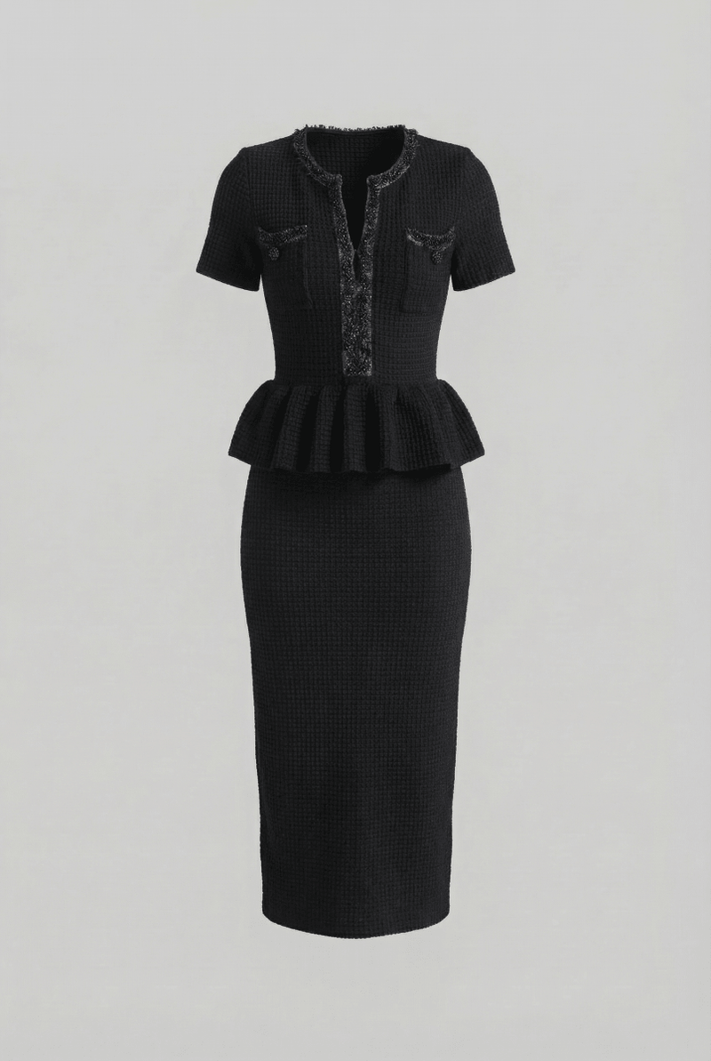 Peplum Bel Detaylı Dokulu Örgü Midi Elbise - Phentora
