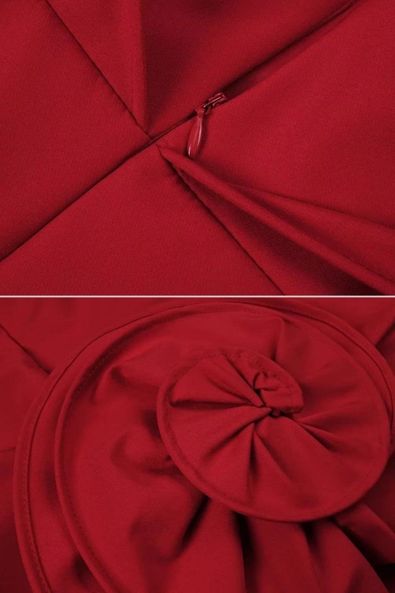 Asimetrik Omuzları Açık Mini Elbise Büyük Gül Süslemeli - Phentora