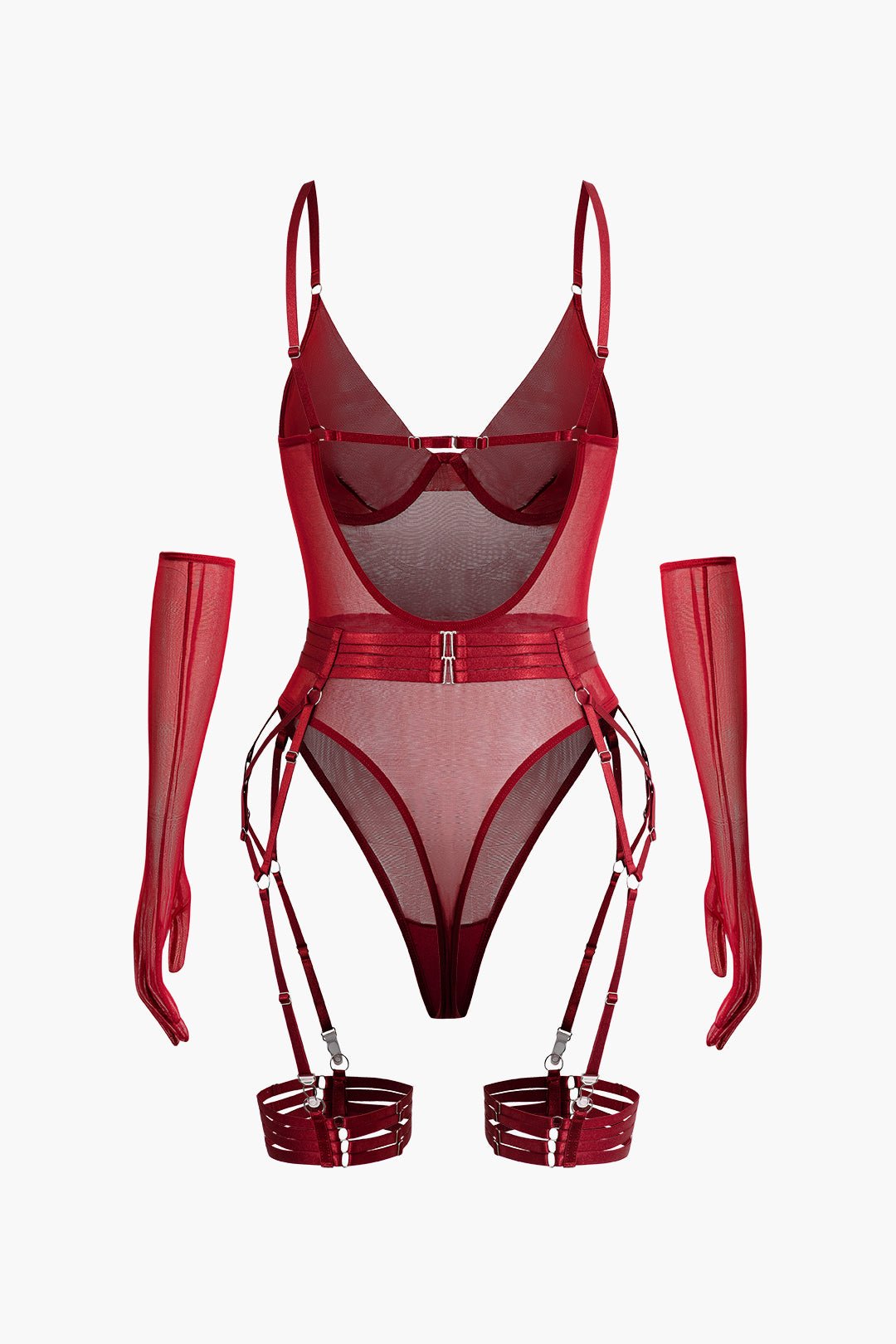 Şeffaf Tül Kemerli Sırt Dekolteli Bodysuit Eldivenli - Phentora