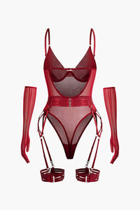 Şeffaf Tül Kemerli Sırt Dekolteli Bodysuit Eldivenli - Phentora