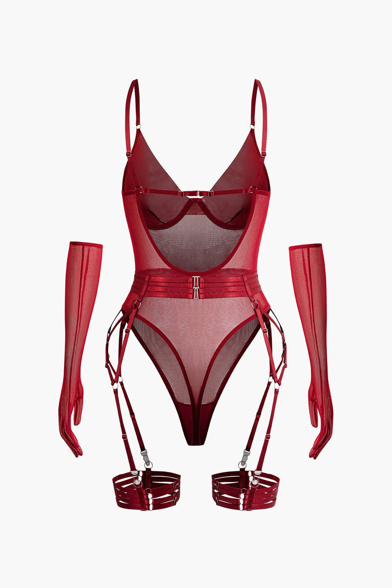 Şeffaf Tül Kemerli Sırt Dekolteli Bodysuit Eldivenli - Phentora