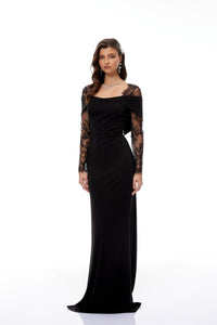 Siyah Dantel Panelli Kloş Kesim Maxi Abiye Elbise - Phentora