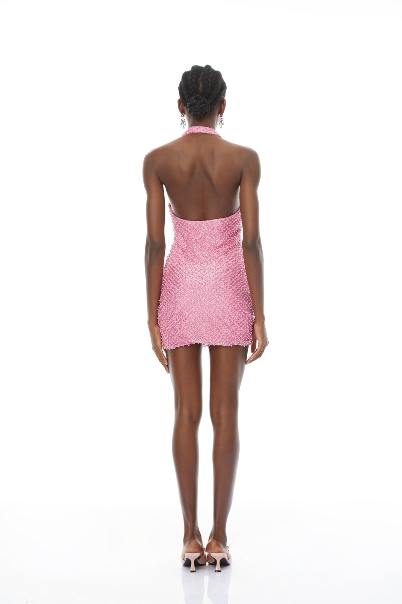 Pembe Boncuk İşlemeli Mini Elbise - Phentora
