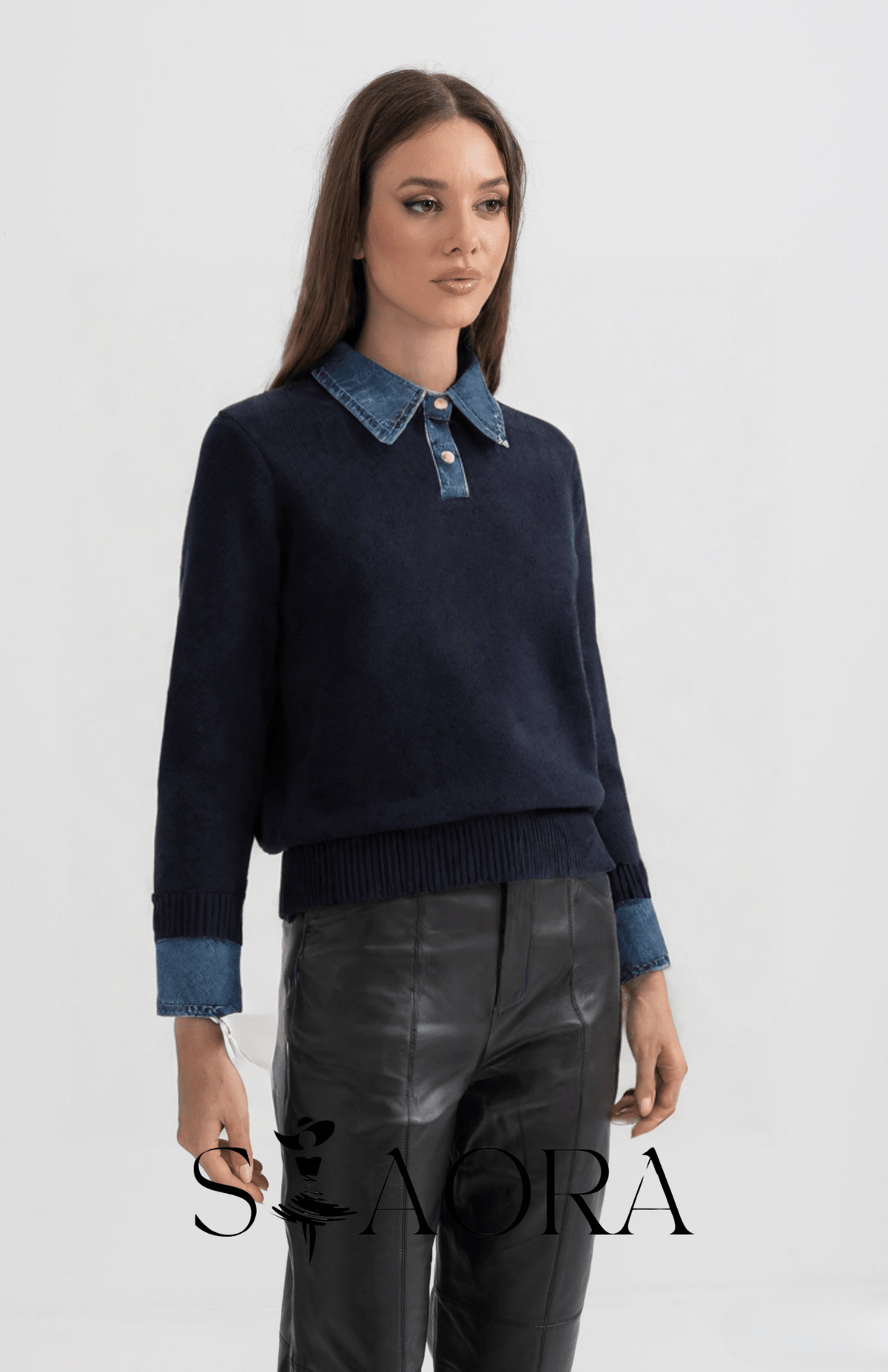 Denim Detaylı Triko Kazak - Phentora