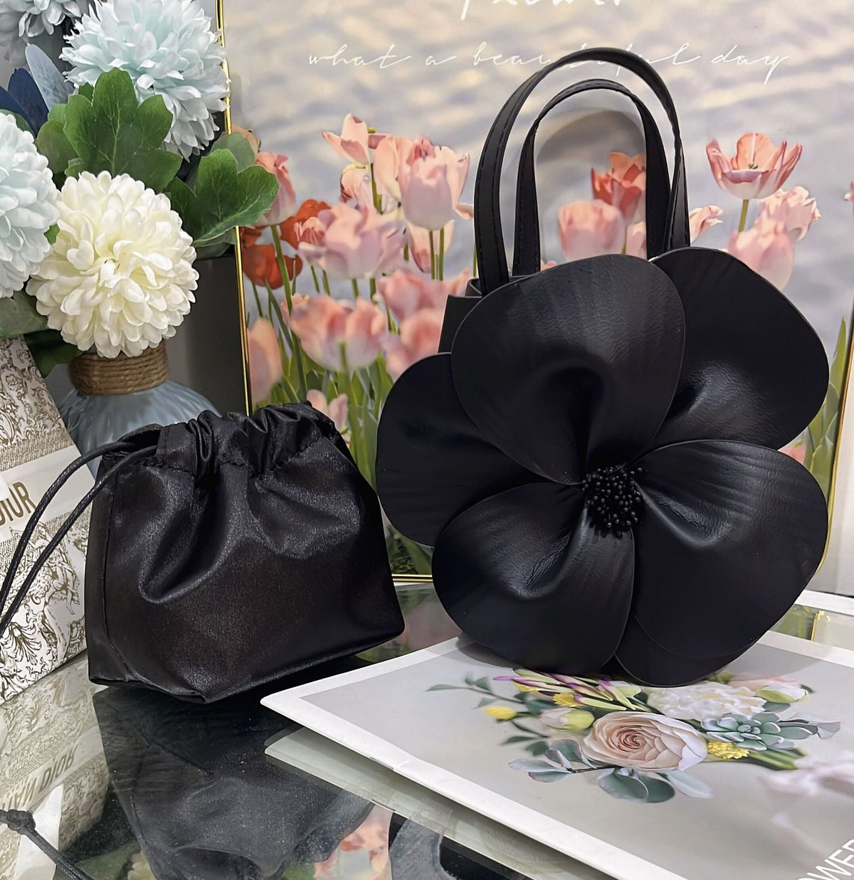 Şık 3D Petal Çiçek Düz Renk Yaka Çanta - Phentora