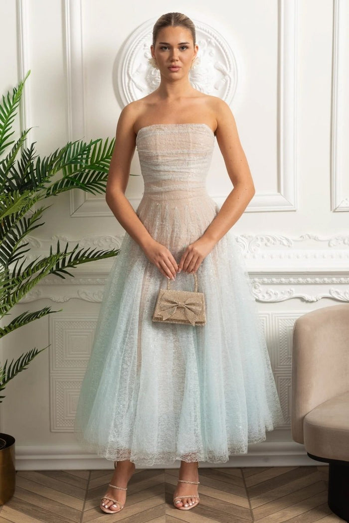 A Kesim Midi Elbise Shimmery Dokulu Katmanlı - Turquoise Geçişli Renkli - Phentora