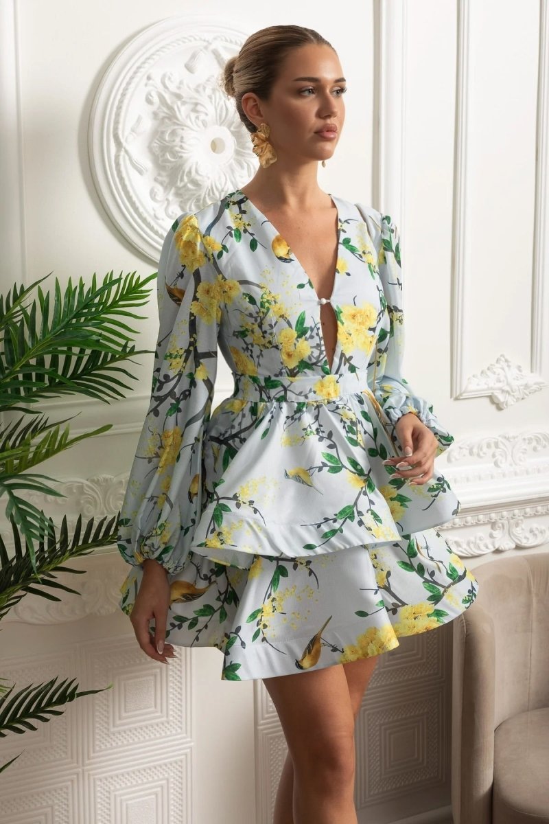 Romantic Mini Elbise ve Peplum Detaylı - Gök Mavisi - Phentora