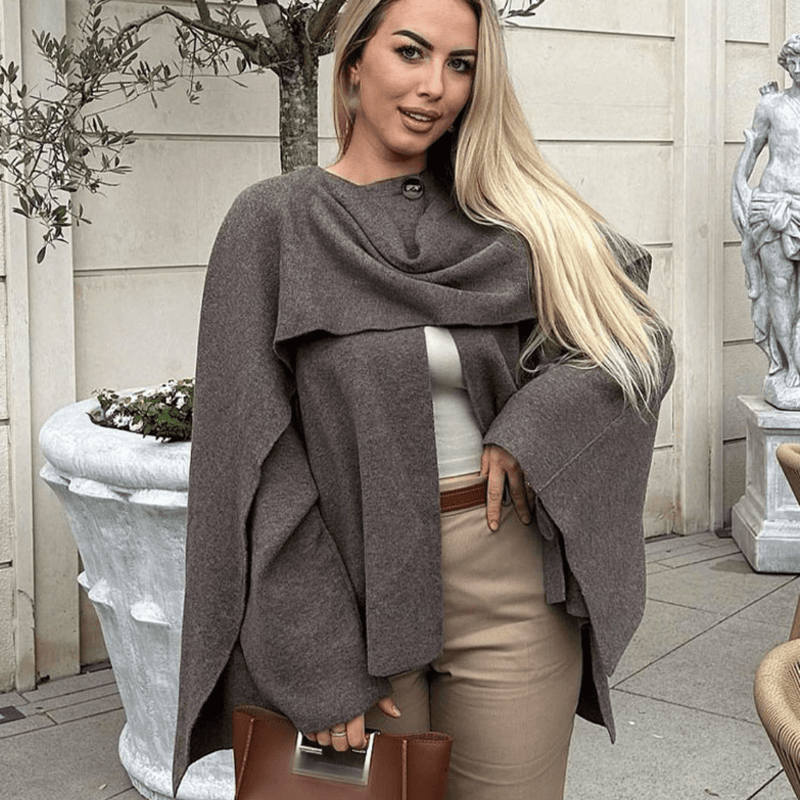 Hyndia - Eşarp Detaylı Asimetrik Kaban - Koyu Kahverengi - Phentora