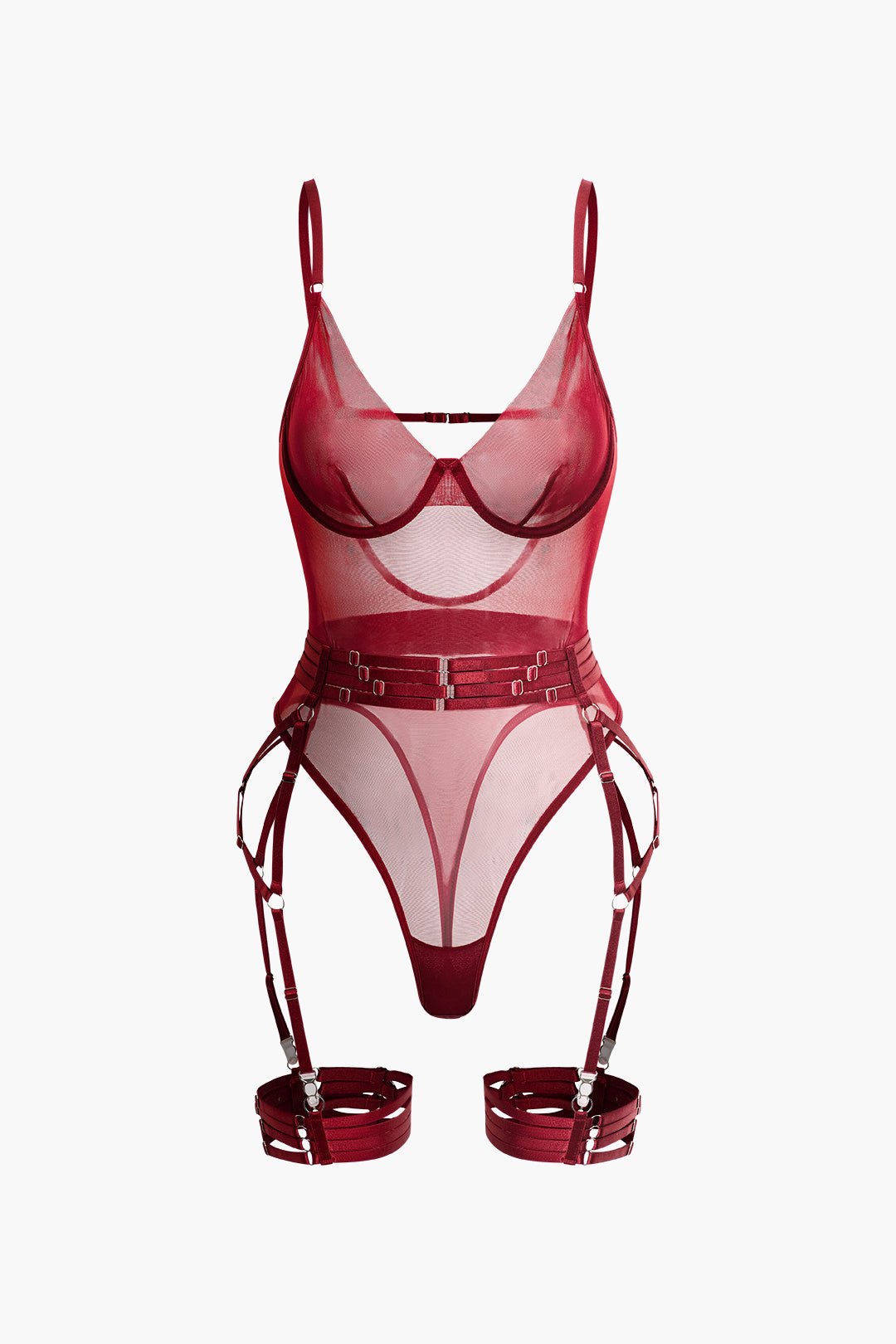 Şeffaf Tül Kemerli Sırt Dekolteli Bodysuit Eldivenli - Phentora