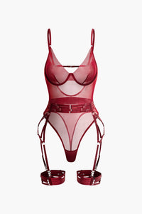 Şeffaf Tül Kemerli Sırt Dekolteli Bodysuit Eldivenli - Phentora