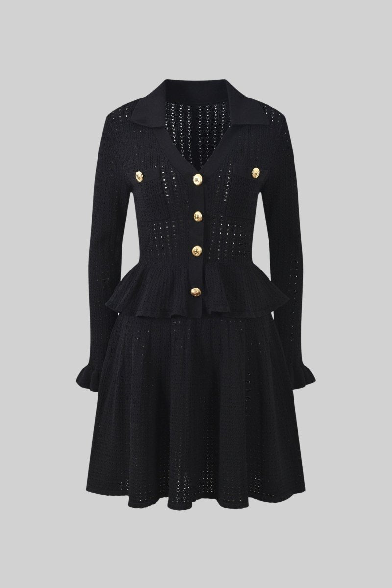 Peplum Bel Detaylı ve Altın Düğmeli Örgü Mini Elbise - Phentora