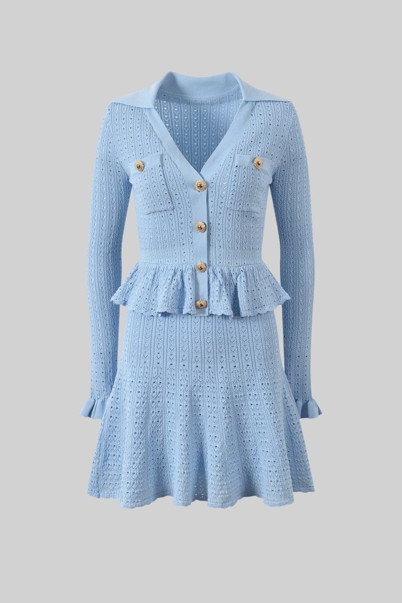 Peplum Bel Detaylı ve Altın Düğmeli Örgü Mini Elbise - Phentora