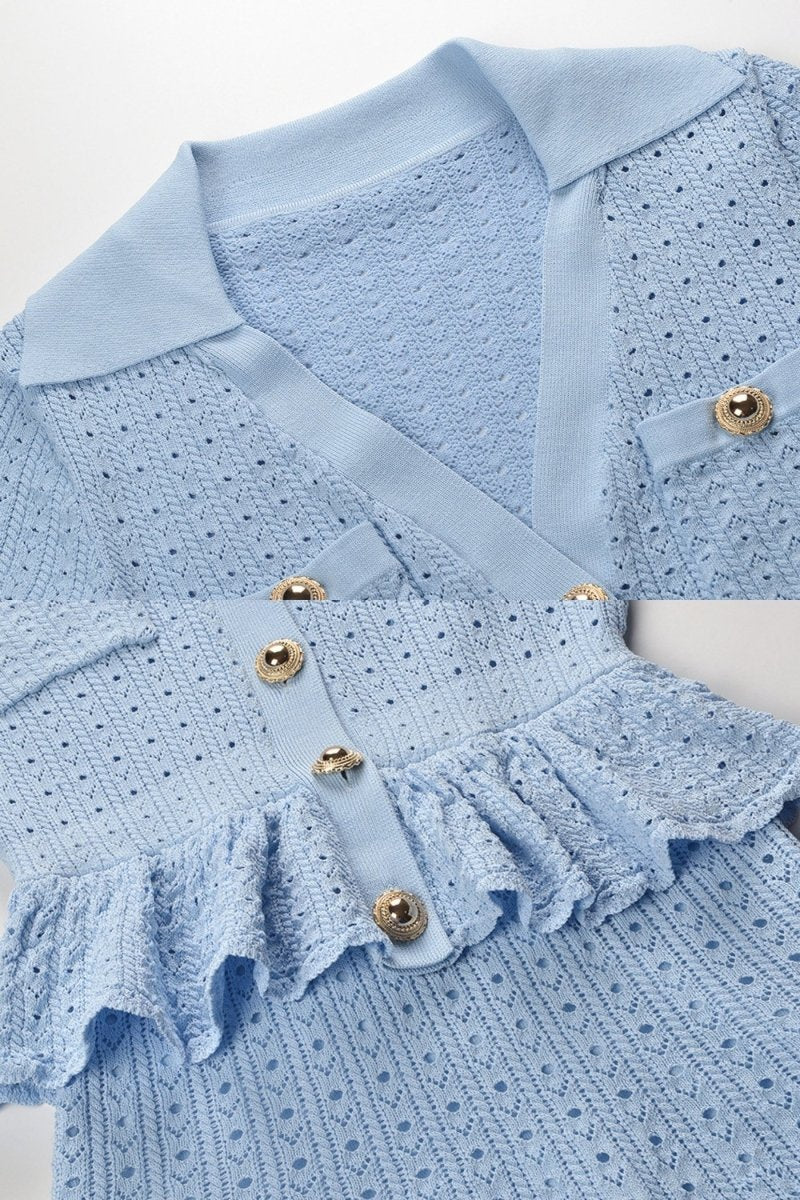 Peplum Bel Detaylı ve Altın Düğmeli Örgü Mini Elbise - Phentora