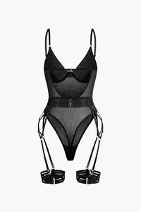 Şeffaf Tül Kemerli Sırt Dekolteli Bodysuit Eldivenli - Phentora