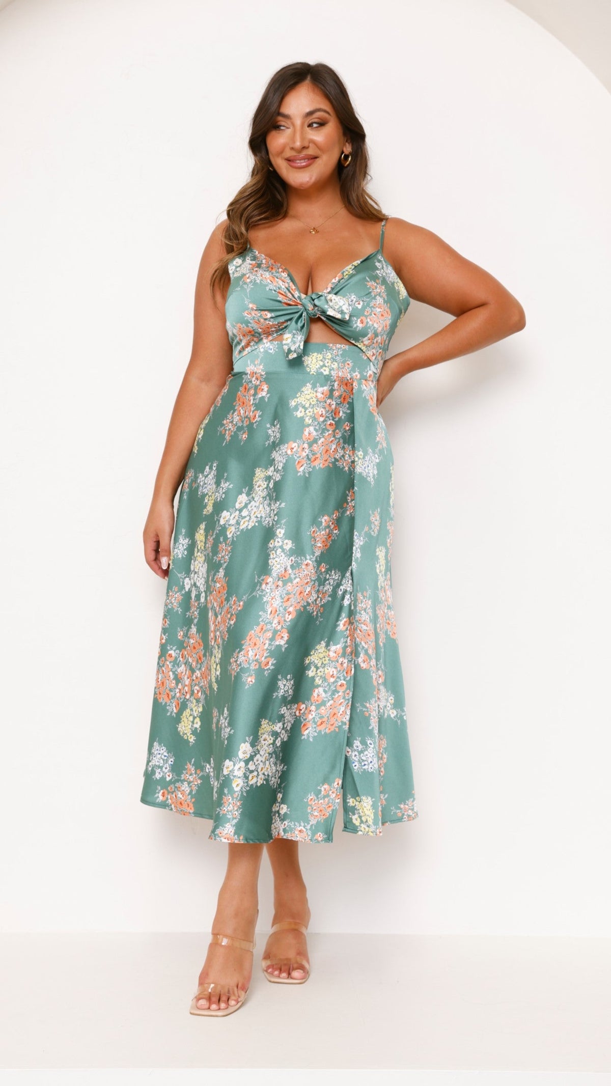 Dreamers Midi Elbise - Yeşil Çiçek Desenli