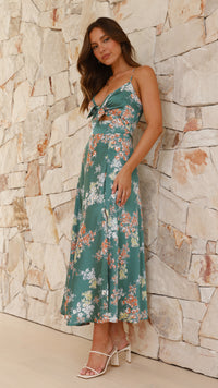 Dreamers Midi Elbise - Yeşil Çiçek Desenli