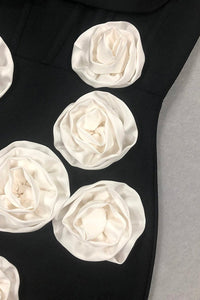 3D Çiçek Desenli Straplez Midi Elbise - Phentora