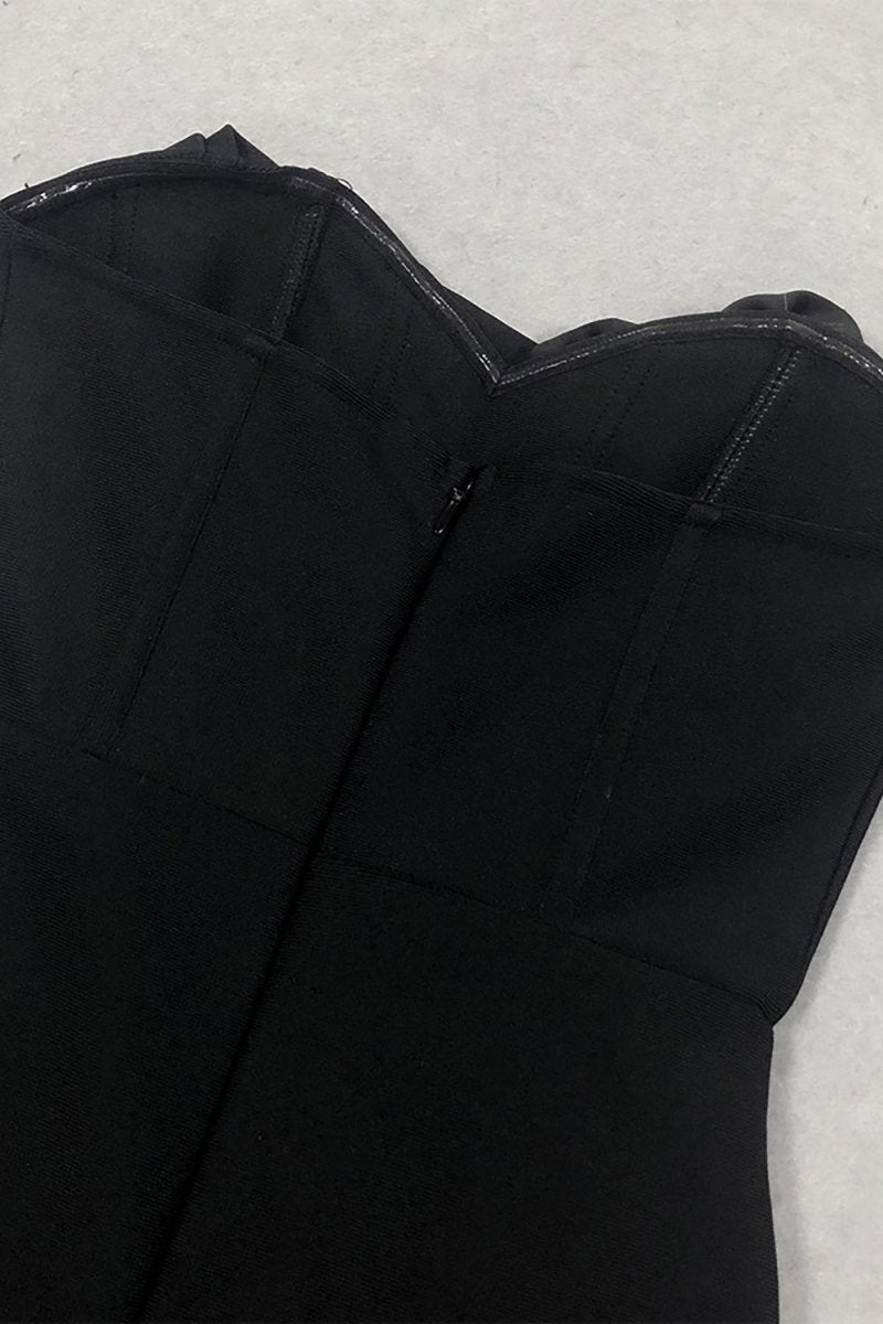 3D Çiçek Desenli Straplez Midi Elbise - Siyah - Phentora