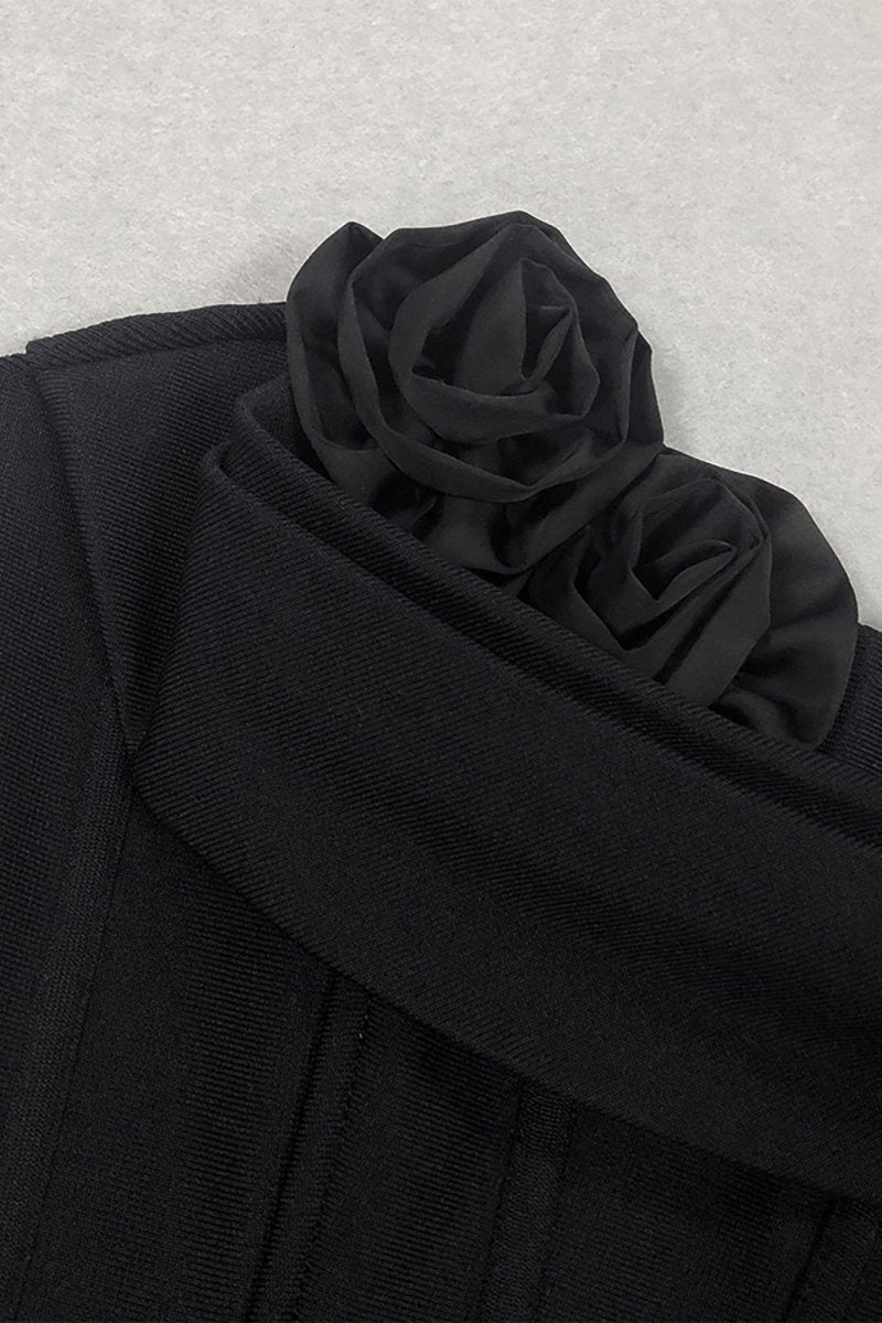 3D Çiçek Desenli Straplez Midi Elbise - Siyah - Phentora