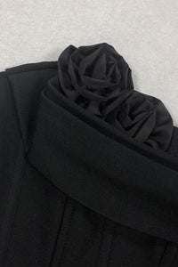 3D Çiçek Desenli Straplez Midi Elbise - Siyah - Phentora