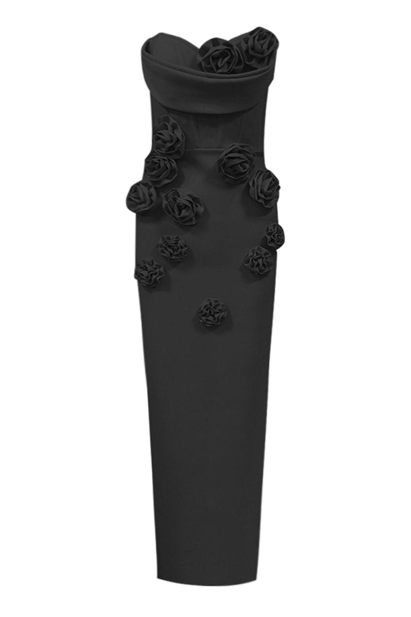 3D Çiçek Desenli Straplez Midi Elbise - Siyah - Phentora