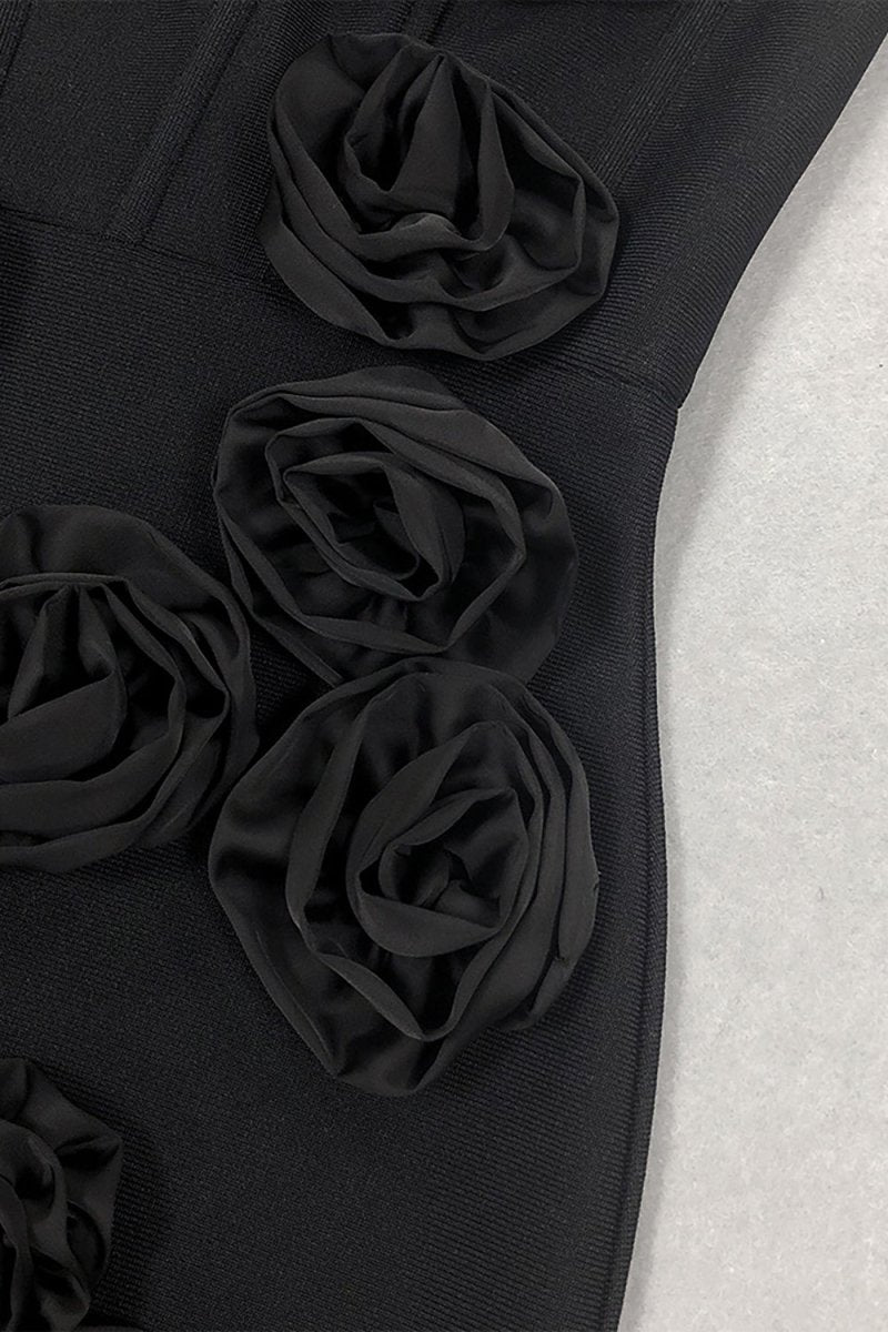 3D Çiçek Desenli Straplez Midi Elbise - Siyah - Phentora