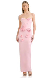 3D Çiçek Desenli Straplez Midi Elbise - Pembe - Phentora