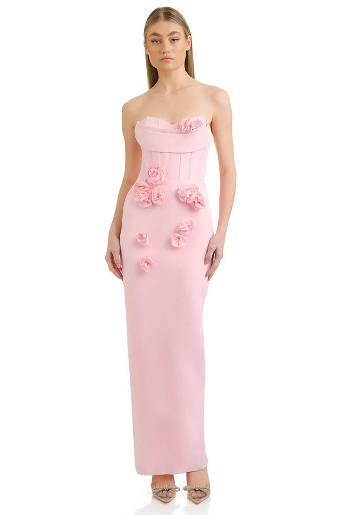 3D Çiçek Desenli Straplez Midi Elbise - Pembe - Phentora