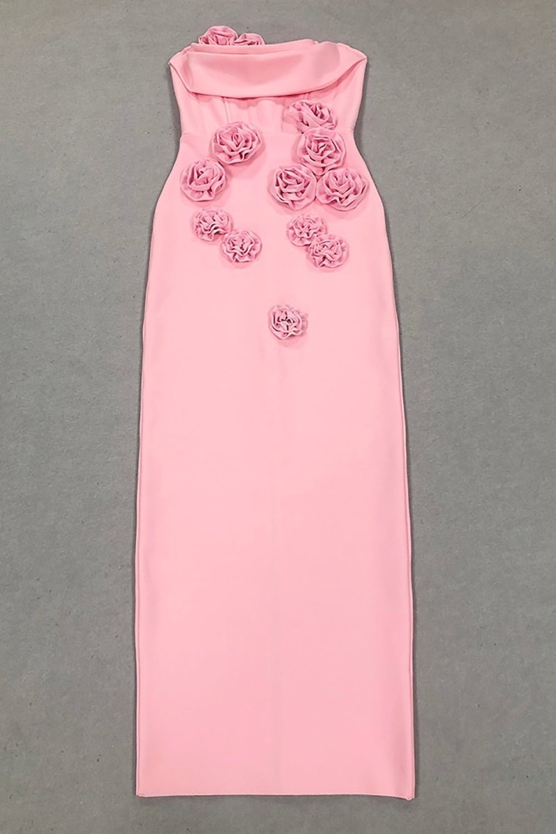 3D Çiçek Desenli Straplez Midi Elbise - Pembe - Phentora