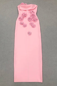 3D Çiçek Desenli Straplez Midi Elbise - Pembe - Phentora