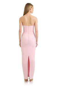 3D Çiçek Desenli Straplez Midi Elbise - Pembe - Phentora