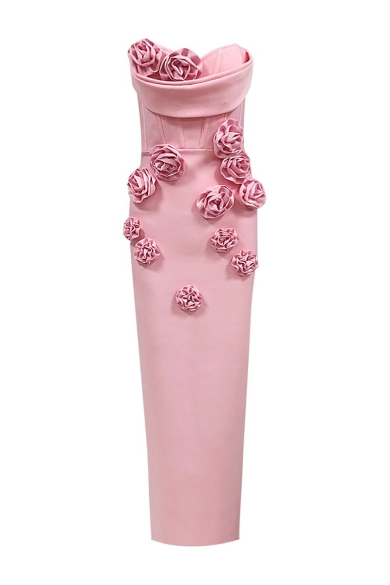 3D Çiçek Desenli Straplez Midi Elbise - Pembe - Phentora