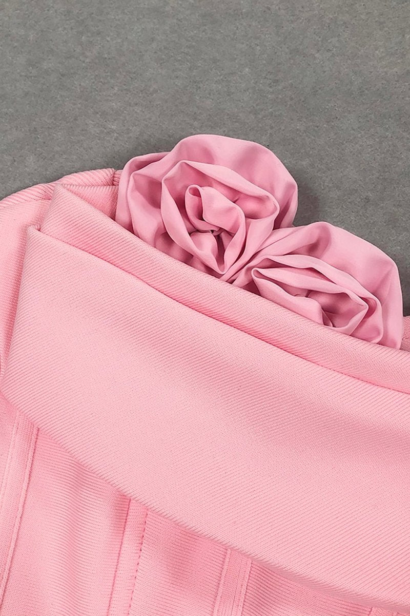 3D Çiçek Desenli Straplez Midi Elbise - Pembe - Phentora