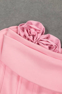3D Çiçek Desenli Straplez Midi Elbise - Pembe - Phentora