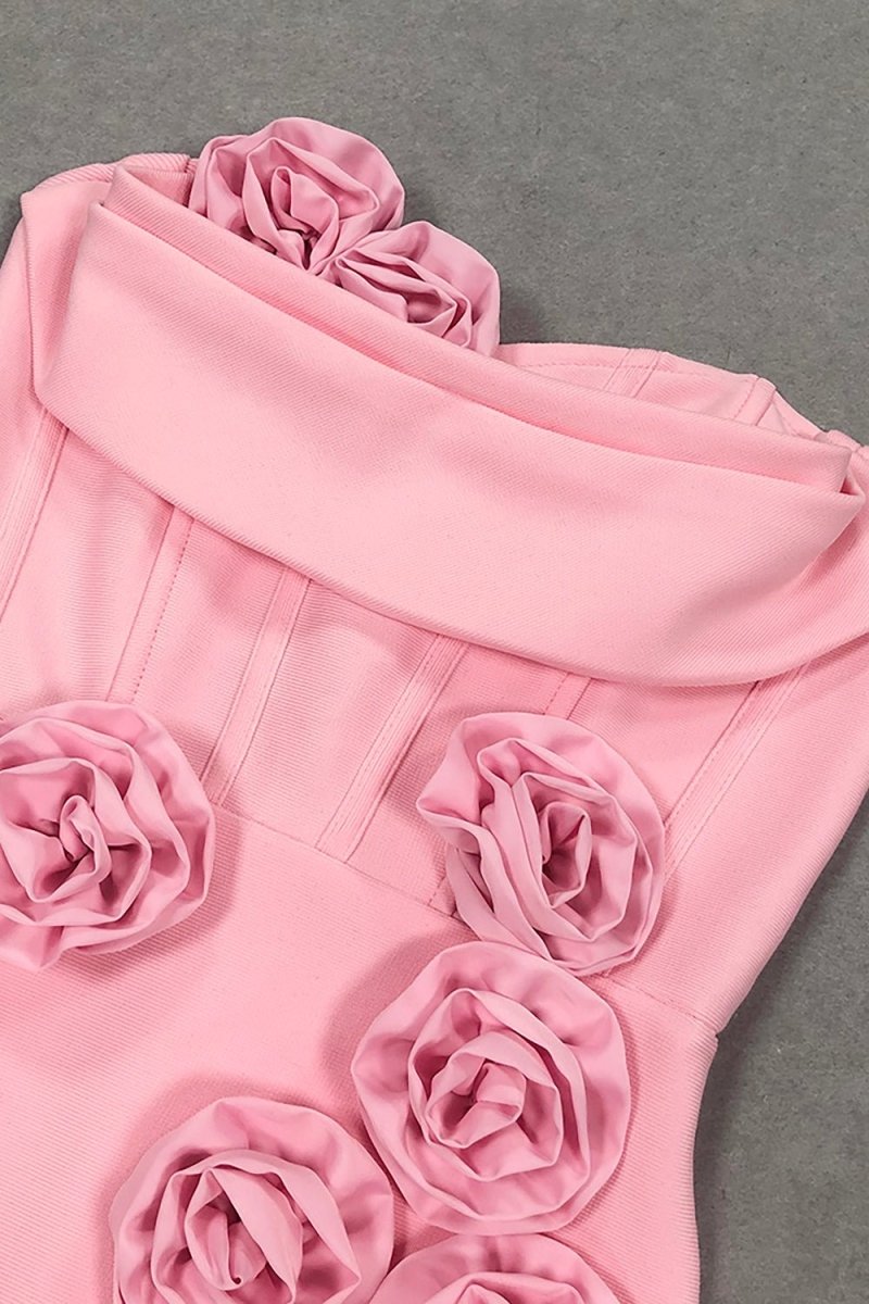 3D Çiçek Desenli Straplez Midi Elbise - Pembe - Phentora