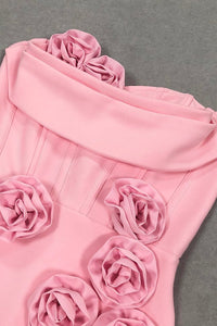 3D Çiçek Desenli Straplez Midi Elbise - Pembe - Phentora