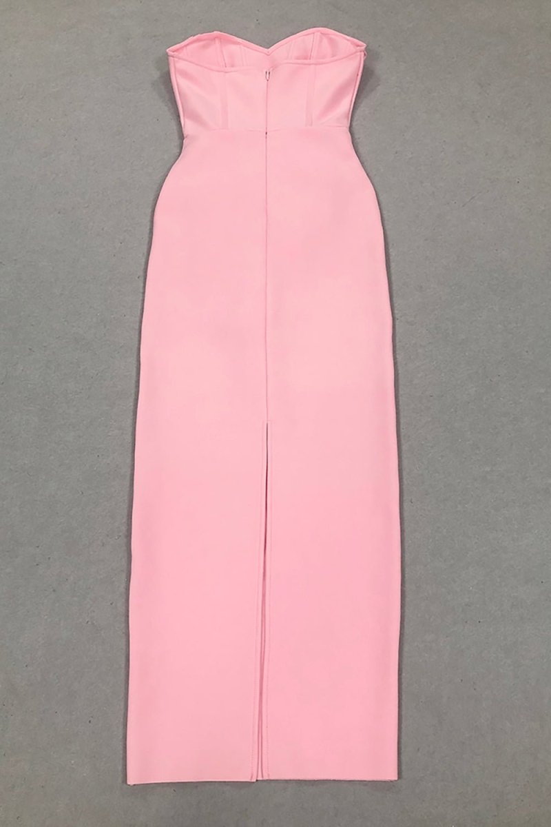 3D Çiçek Desenli Straplez Midi Elbise - Pembe - Phentora