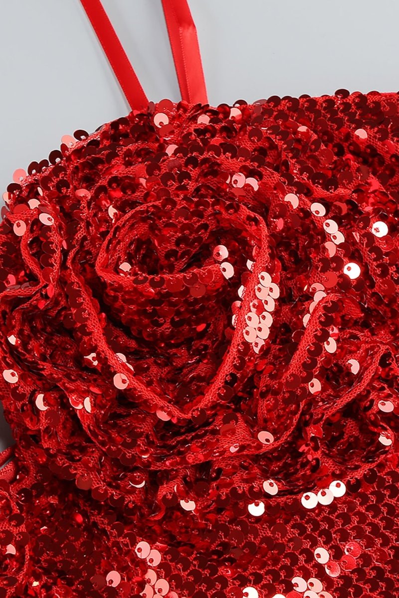 3D Çiçek Korse Payetli A Kesim Mini Elbise - Bordo - Phentora